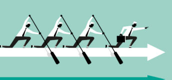 Image of businesspeople rowing on an arrow going forward.
