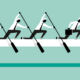 Image of businesspeople rowing on an arrow going forward.