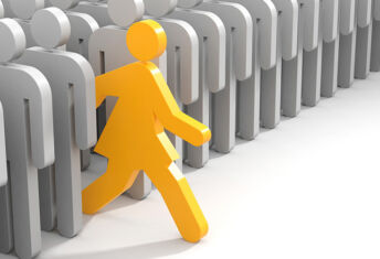 Yellow stick person steps out of a crowd of grey stick people