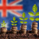 Economy Australia concept finance money is born in soil on plant with coins for successful investment, flag background
