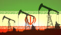 Oil pump on background of flag of Iran. Vector illustration