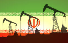 Oil pump on background of flag of Iran. Vector illustration