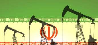 Oil pump on background of flag of Iran. Vector illustration