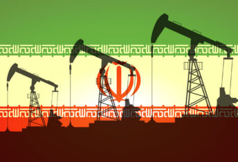 Oil pump on background of flag of Iran. Vector illustration