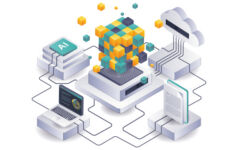 Illustration of an isometric computer pieces and icons like a cloud, an AI button, files, and a laptop.