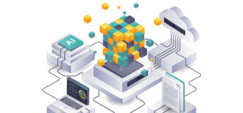 Illustration of an isometric computer pieces and icons like a cloud, an AI button, files, and a laptop.
