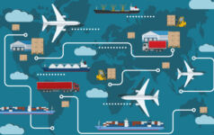 Illustration depicting global logistics for shipment exports and imports.