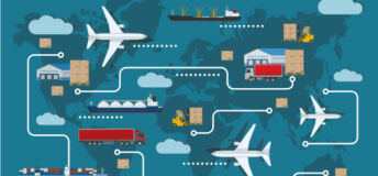 Illustration depicting global logistics for shipment exports and imports.