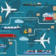 Illustration depicting global logistics for shipment exports and imports.