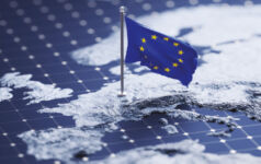 Image of the European Union flag on a map of Europe