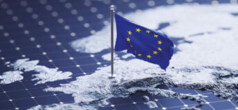 Image of the European Union flag on a map of Europe