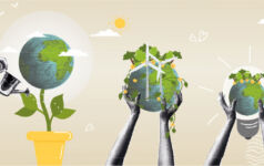 A globe grows from a plant pot, another is held up with two hands, and a third floats inside a light bulb