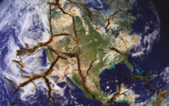 The earth viewed from space with fault lines cracking the surface