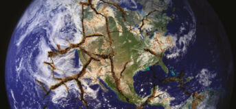 The earth viewed from space with fault lines cracking the surface