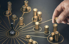 Man puting golden coins on a board representing multiple streams of income. Concept of multiplying sources of revenue. Composite image between a 3d illustration and a photography.