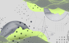 A collage of wireframe circles, waves of lime green and grids of spots