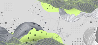 A collage of wireframe circles, waves of lime green and grids of spots