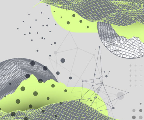 A collage of wireframe circles, waves of lime green and grids of spots
