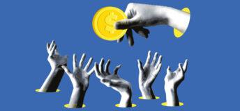 An illustration of a hand holding a coin, with other hands all reaching out to grab it