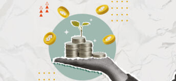 An illustration of a hand holding a pile of coins with a plant growing out of the pile