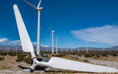 Broken turbine propeller lays on the ground in a field of wind turbines