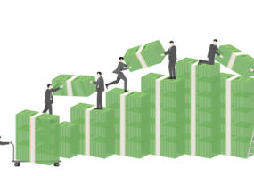 People in suits stack giant wads of cash into ever increasing piles