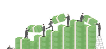 Infranity on debt’s journey from niche strategy to core allocation People in suits stack giant wads of cash into ever increasing piles