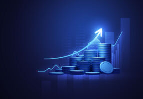 Blue money business graph finance chart diagram on economy 3d coin background with growth financial data concept or investment market profit bar and success market stock technology currency report.