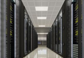 Black storage and processing unit, large AI processing server room, data center storage and network processing room, hard disk drive storage, and processor cooling system,3D rendering .High-tech data center with server racks .