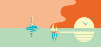 Illustration of a sail boat at sunset with a lighthouse on the horizon