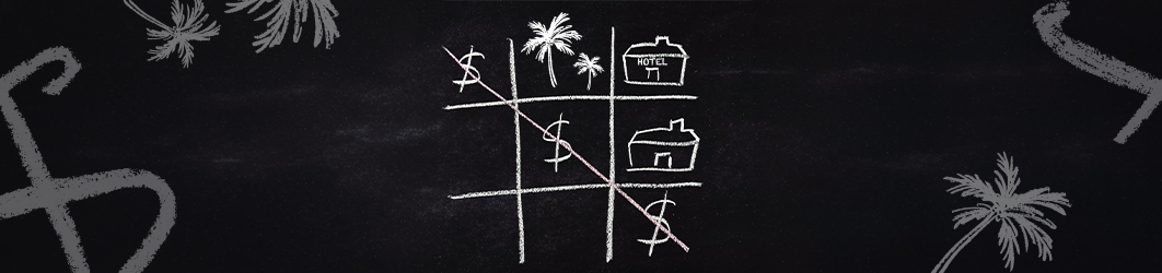 1062x250_Banner-one A game of noughts and crosses on a blackboard, but with US dollar signs completing a diagonal, with drawings of palm trees and hotels in the other spaces