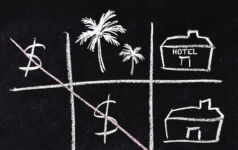 Strategies Report A game of noughts and crosses on a blackboard, but with US dollar signs completing a diagonal, with drawings of palm trees and hotels in the other spaces