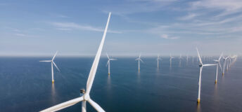 Wind turbine from an aerial view, Drone view at windpark a windmill farm in the lake IJsselmeer the biggest in the Netherlands, Sustainable development, renewable energy.