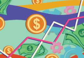 Illustration of US dollar bank notes and coins floating over a green background with graph arrows jaggedly climbing up