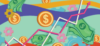 Illustration of US dollar bank notes and coins floating over a green background with graph arrows jaggedly climbing up