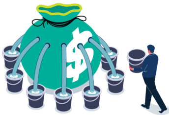Sectors are hot, but old risk buckets die hard A large money bag with holes in it pours water out into different buckets, representing risk