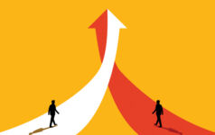 Two arrows, one read and one white, merge to soar upwards, as two business people walk up them