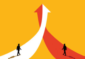 Two arrows, one read and one white, merge to soar upwards, as two business people walk up them