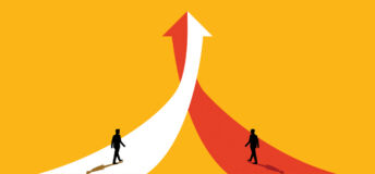 Two arrows, one read and one white, merge to soar upwards, as two business people walk up them