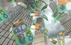Australian dollar notes floating down from the sky in an urban city environment