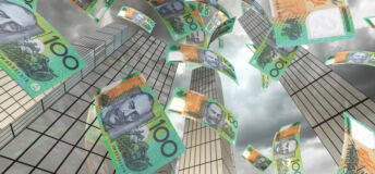 Australian dollar notes floating down from the sky in an urban city environment