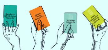 Illustrations of hands holding up trading cards featuring the names of continuation vehicles and icons of the asset type