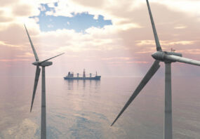 Computer generated 3D illustration with offshore wind turbines and cargo ship