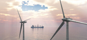 Computer generated 3D illustration with offshore wind turbines and cargo ship
