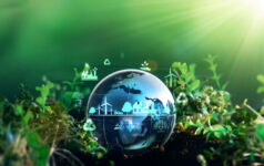 Green energy for clean and sustainable environment. Wind energy used in the industry of factories, machines and technologies. Reducing Co2 emissions and limiting global warming and climate change.