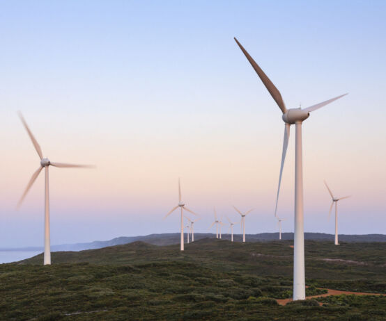 Wind turbines at the Albany Wind Farm, Western Australia, before Dawn